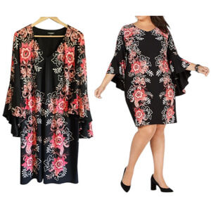 Roz & Ali Black Pink Floral Bell Sleeve Dress Women’s 18 Sheath Fit